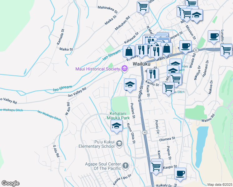 map of restaurants, bars, coffee shops, grocery stores, and more near 302 Lau Manamana Street in Wailuku