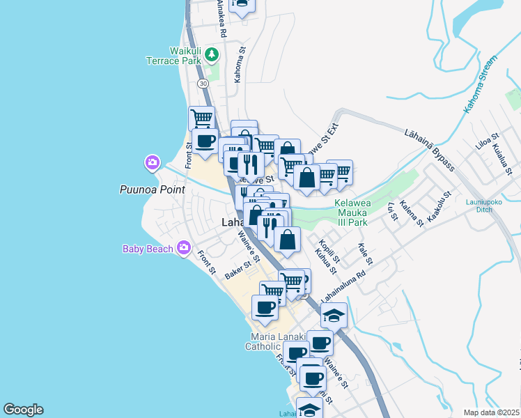 map of restaurants, bars, coffee shops, grocery stores, and more near 1400 Limahana Circle in Lahaina