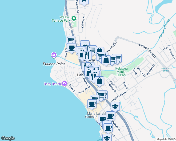 map of restaurants, bars, coffee shops, grocery stores, and more near 1300 Limahana Circle in Lahaina