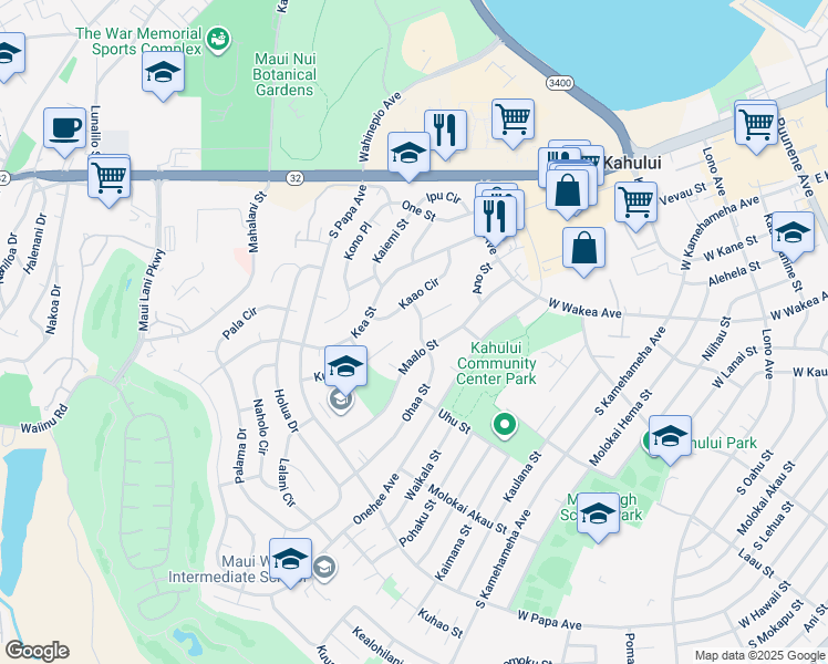 map of restaurants, bars, coffee shops, grocery stores, and more near 148 Ohaa Street in Kahului