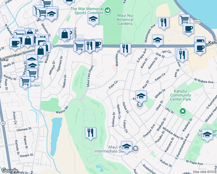map of restaurants, bars, coffee shops, grocery stores, and more near 794 Pala Circle in Kahului