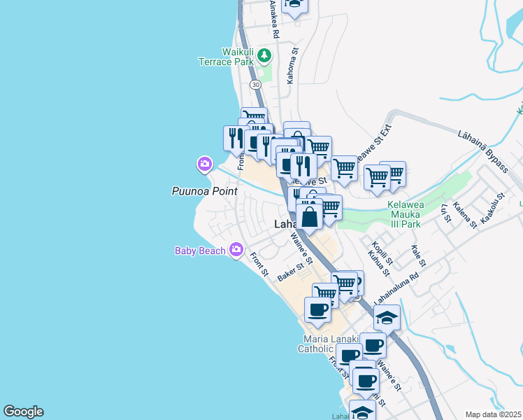 map of restaurants, bars, coffee shops, grocery stores, and more near 281 Kahoma Village Loop in Lahaina