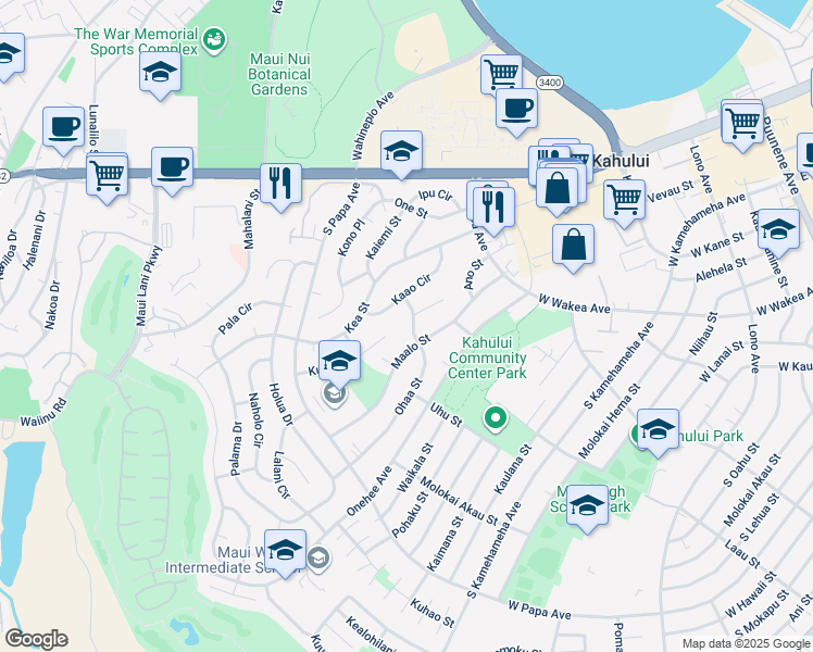 map of restaurants, bars, coffee shops, grocery stores, and more near 148 Ohaa Street in Kahului