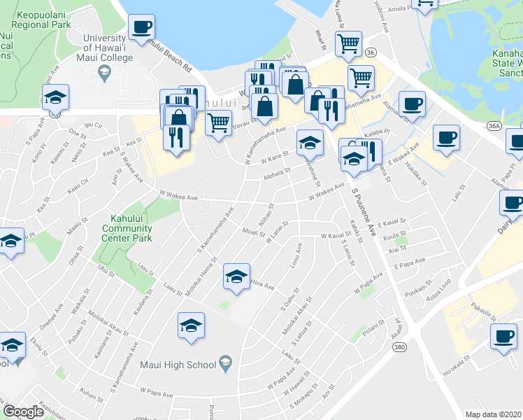 map of restaurants, bars, coffee shops, grocery stores, and more near 198 Niihau Street in Kahului