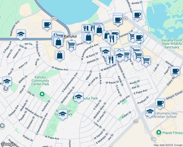 map of restaurants, bars, coffee shops, grocery stores, and more near 189 Niihau Street in Kahului