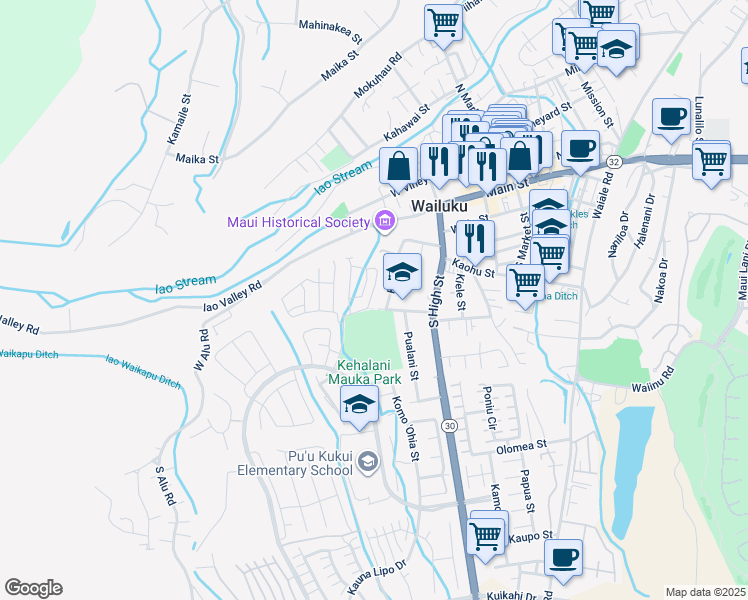 map of restaurants, bars, coffee shops, grocery stores, and more near 258 Lau Oliwa Loop in Wailuku