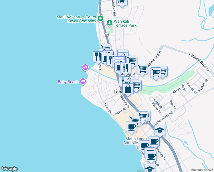 map of restaurants, bars, coffee shops, grocery stores, and more near 275 Kahoma Village Loop in Lahaina
