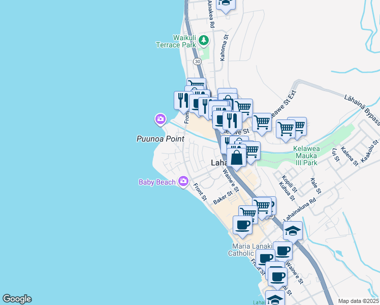 map of restaurants, bars, coffee shops, grocery stores, and more near 661 Hoe Kawele Lane in Lahaina