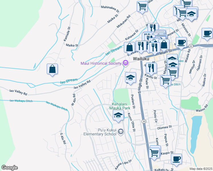 map of restaurants, bars, coffee shops, grocery stores, and more near 158 Akialoa Place in Wailuku
