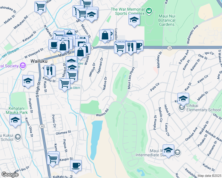 map of restaurants, bars, coffee shops, grocery stores, and more near 143 Keoneloa Street in Wailuku