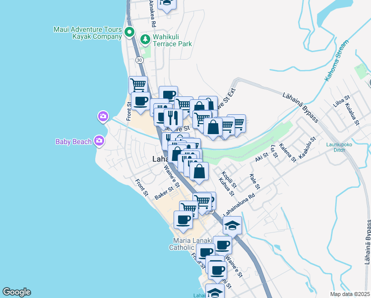 map of restaurants, bars, coffee shops, grocery stores, and more near 1233 Limahana Circle in Lahaina