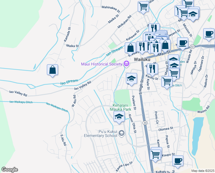 map of restaurants, bars, coffee shops, grocery stores, and more near 155 Akialoa Place in Wailuku