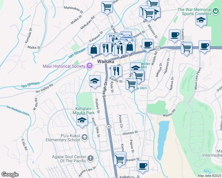 map of restaurants, bars, coffee shops, grocery stores, and more near 363 Kiele Street in Wailuku