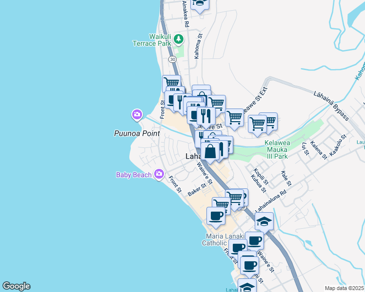 map of restaurants, bars, coffee shops, grocery stores, and more near 269 Kahoma Village Loop in Lahaina