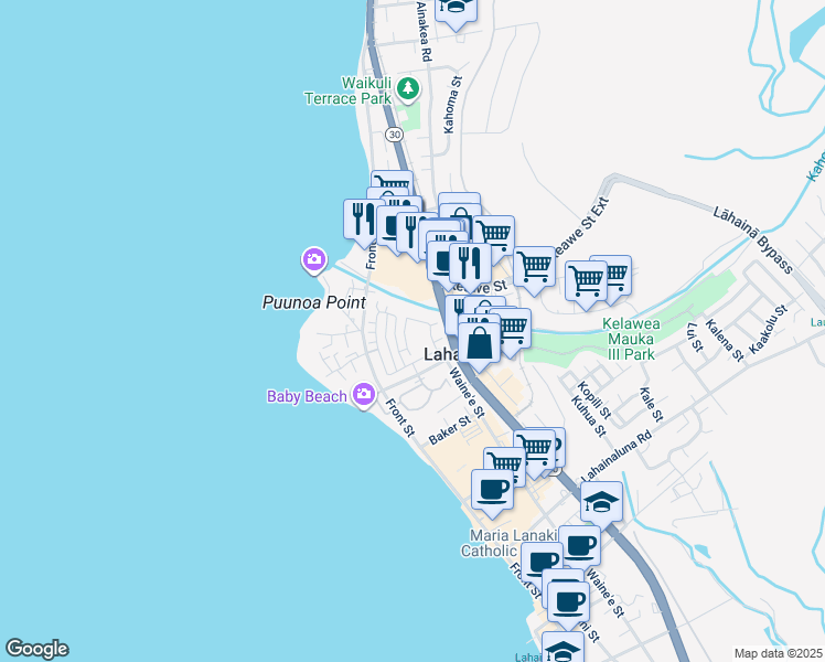 map of restaurants, bars, coffee shops, grocery stores, and more near 286 Kahoma Village Loop in Lahaina