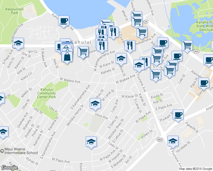 map of restaurants, bars, coffee shops, grocery stores, and more near 189 Niihau Street in Kahului