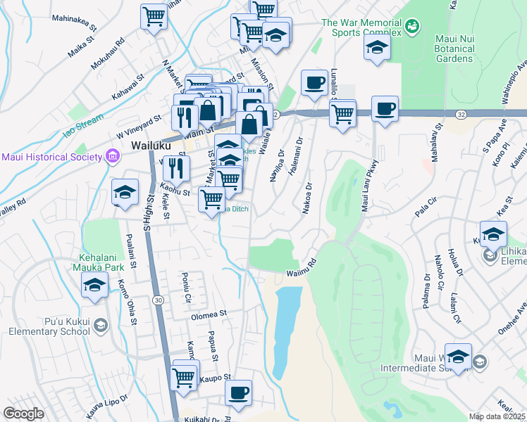 map of restaurants, bars, coffee shops, grocery stores, and more near 343 Naniloa Drive in Wailuku