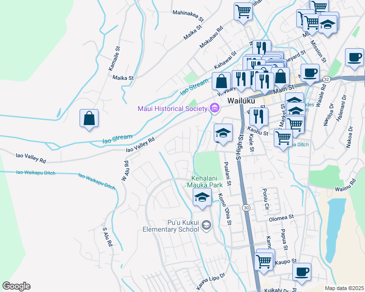 map of restaurants, bars, coffee shops, grocery stores, and more near 163 Akialoa Place in Wailuku