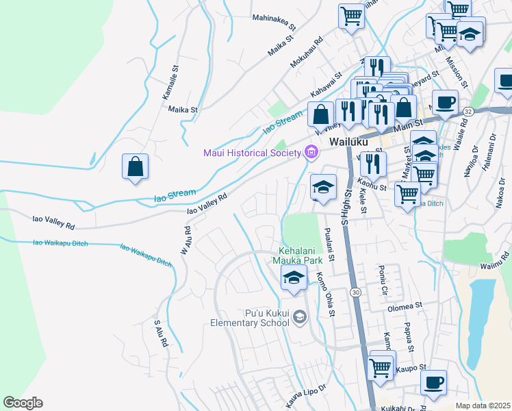 map of restaurants, bars, coffee shops, grocery stores, and more near Po`ouli Street in Wailuku