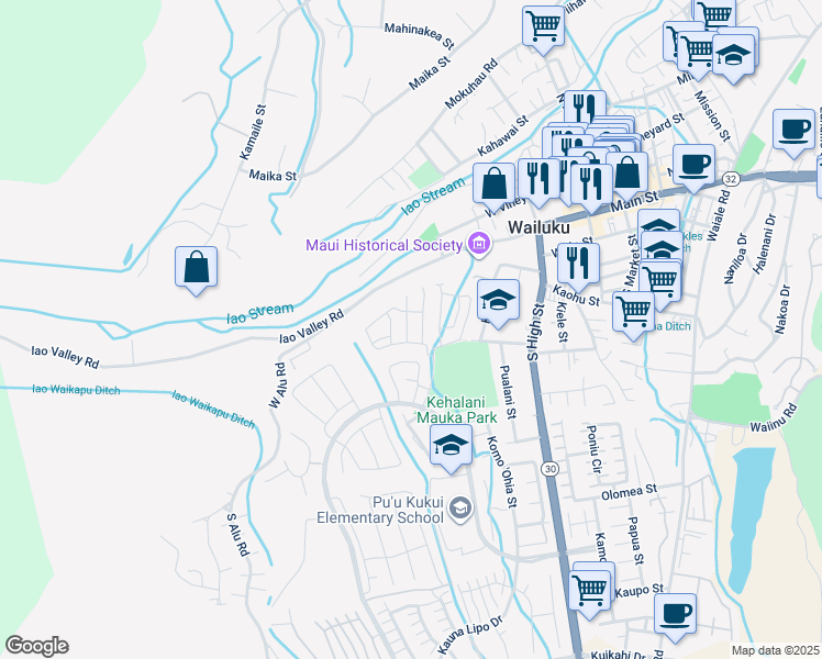 map of restaurants, bars, coffee shops, grocery stores, and more near 160 Akialoa Place in Wailuku