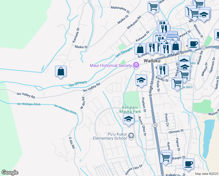 map of restaurants, bars, coffee shops, grocery stores, and more near 126 Hoolaau Street in Wailuku