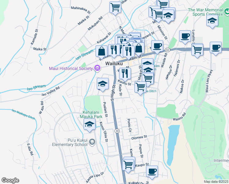 map of restaurants, bars, coffee shops, grocery stores, and more near 377 Kiele Street in Wailuku