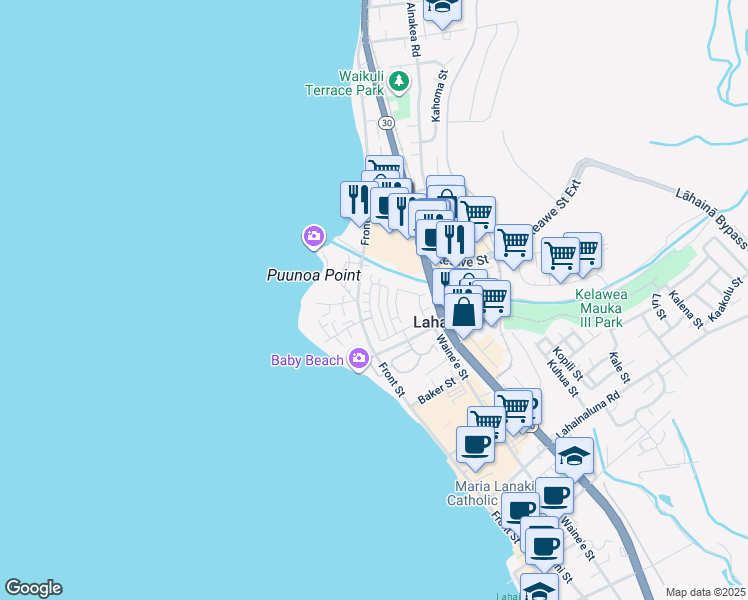 map of restaurants, bars, coffee shops, grocery stores, and more near 667 Hoe Kawele Lane in Lahaina