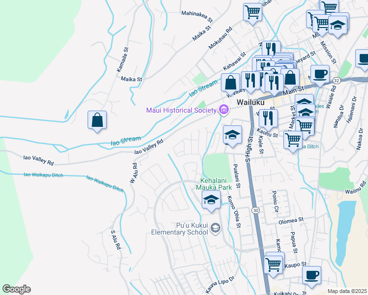 map of restaurants, bars, coffee shops, grocery stores, and more near Po`ouli Street in Wailuku