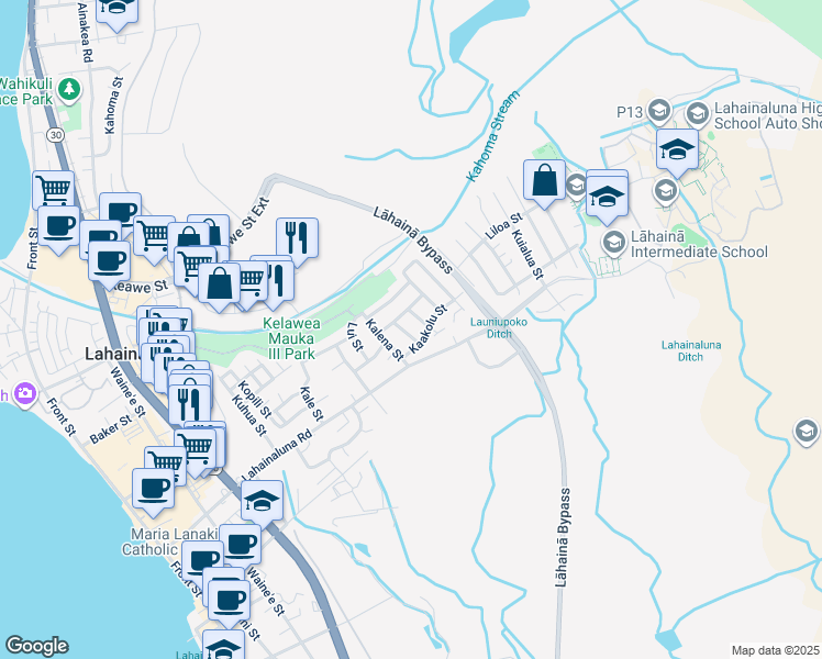 map of restaurants, bars, coffee shops, grocery stores, and more near 836 Kaakepa Street in Lahaina