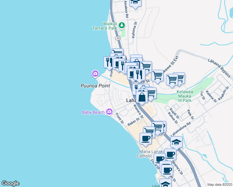 map of restaurants, bars, coffee shops, grocery stores, and more near 650 Hoe Kawele Lane in Lahaina