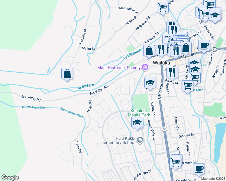 map of restaurants, bars, coffee shops, grocery stores, and more near 119 Hoolaau Street in Wailuku