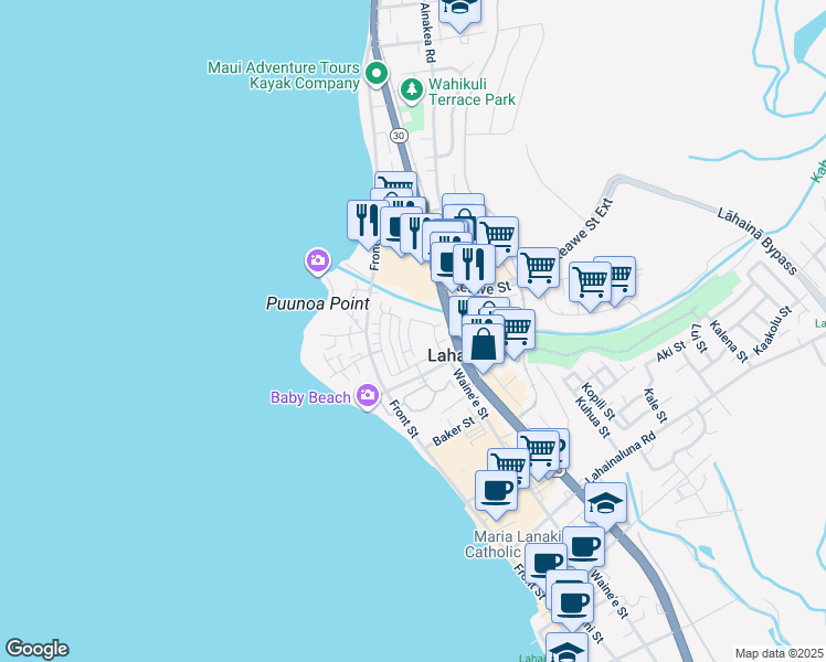 map of restaurants, bars, coffee shops, grocery stores, and more near 275 Kahoma Village Loop in Lahaina