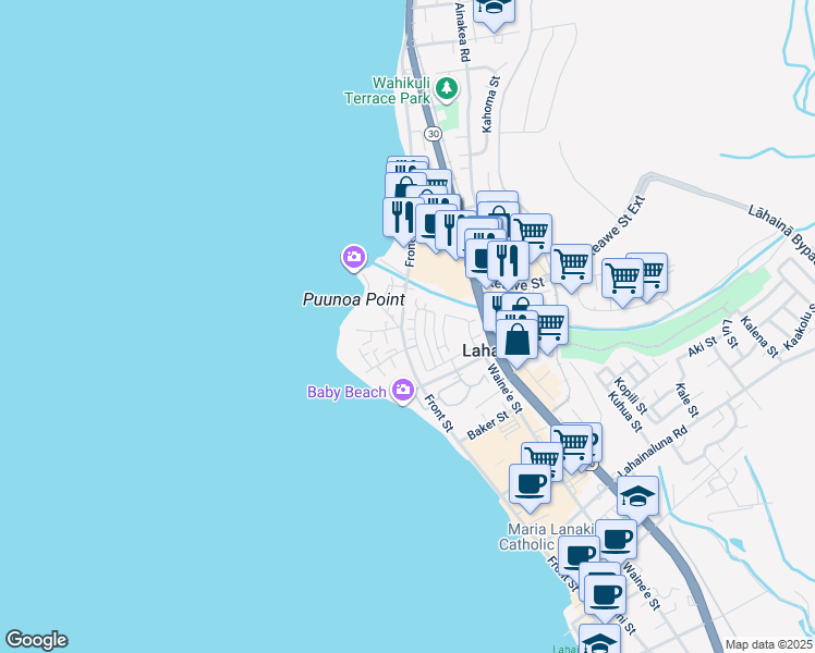 map of restaurants, bars, coffee shops, grocery stores, and more near 436 Kahoma Village Loop in Lahaina
