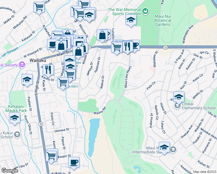 map of restaurants, bars, coffee shops, grocery stores, and more near 139 Keoneloa Street in Wailuku