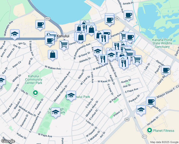 map of restaurants, bars, coffee shops, grocery stores, and more near 135 West Wakea Avenue in Kahului