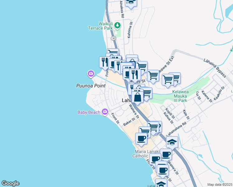 map of restaurants, bars, coffee shops, grocery stores, and more near 292 Kahoma Village Loop in Lahaina