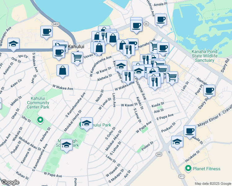 map of restaurants, bars, coffee shops, grocery stores, and more near 283 Lono Avenue in Kahului