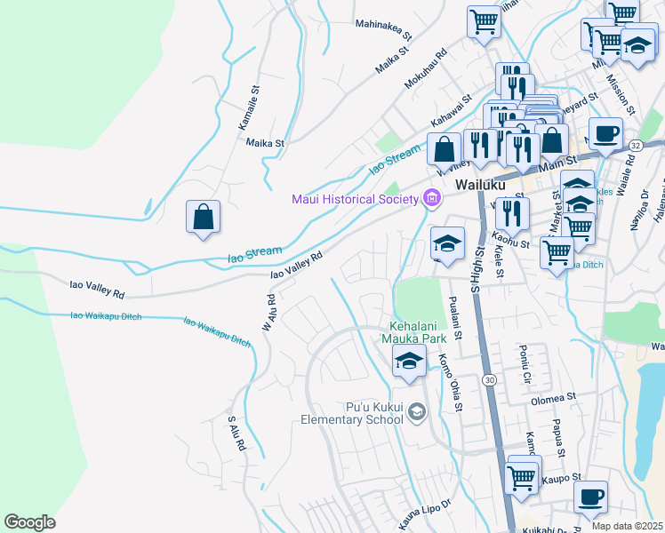 map of restaurants, bars, coffee shops, grocery stores, and more near 117 Hoolaau Street in Wailuku