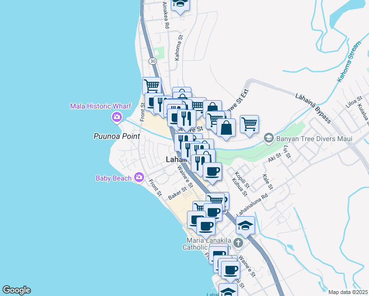 map of restaurants, bars, coffee shops, grocery stores, and more near in Lahaina