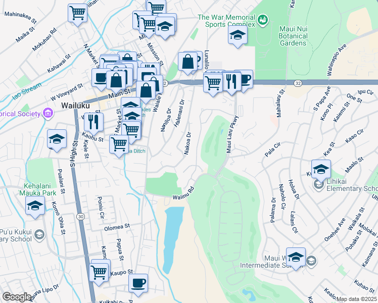map of restaurants, bars, coffee shops, grocery stores, and more near 212 Nakoa Drive in Wailuku