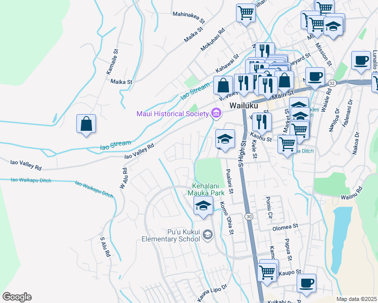 map of restaurants, bars, coffee shops, grocery stores, and more near 69 Ho`ola`au Street in Wailuku