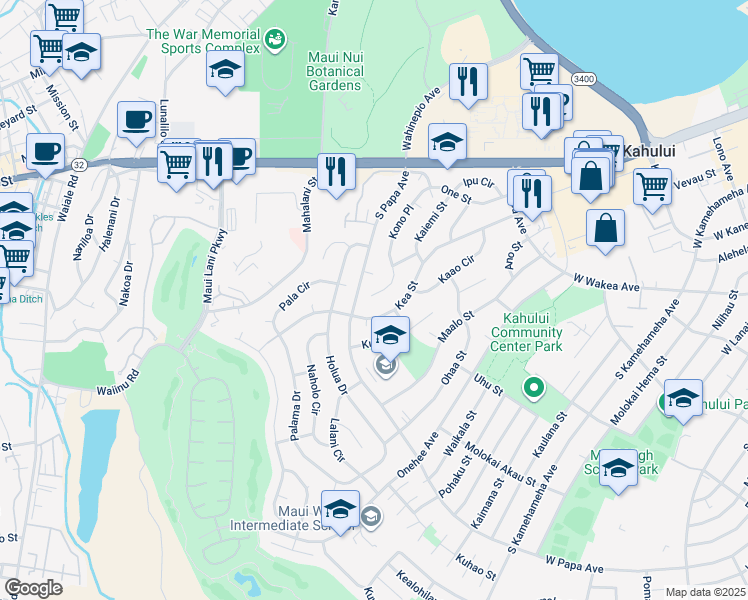 map of restaurants, bars, coffee shops, grocery stores, and more near 217 Kono Place in Kahului