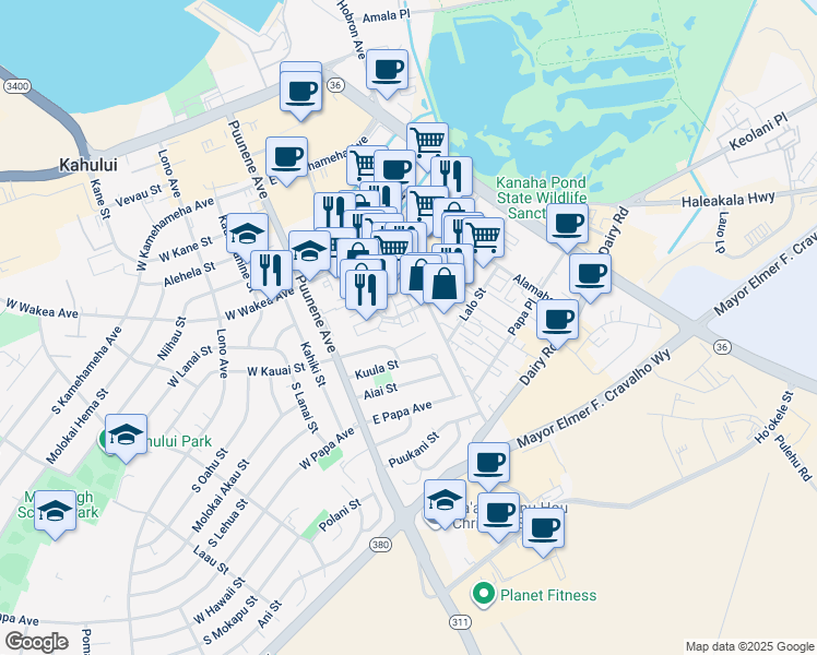 map of restaurants, bars, coffee shops, grocery stores, and more near 360 Hoohana Street in Kahului