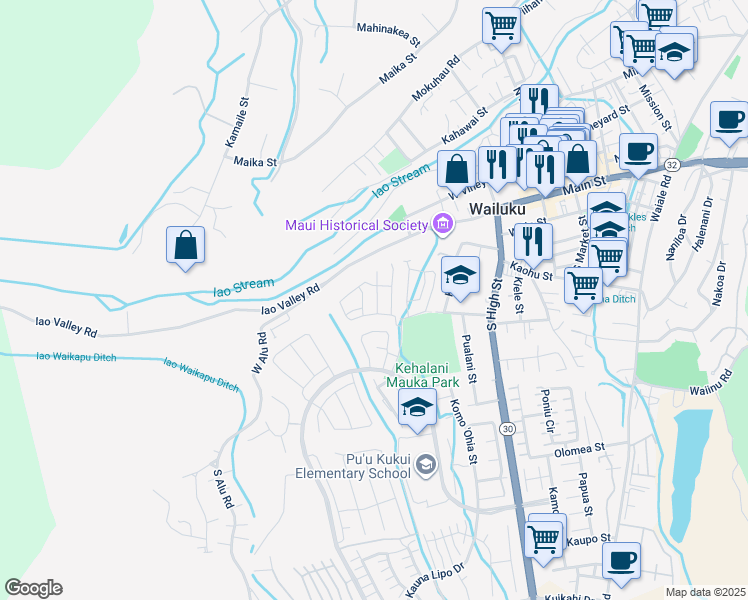 map of restaurants, bars, coffee shops, grocery stores, and more near 163 Akialoa Place in Wailuku
