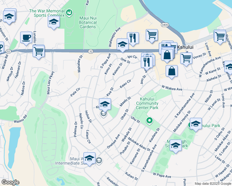 map of restaurants, bars, coffee shops, grocery stores, and more near 535 Kaao Circle in Kahului