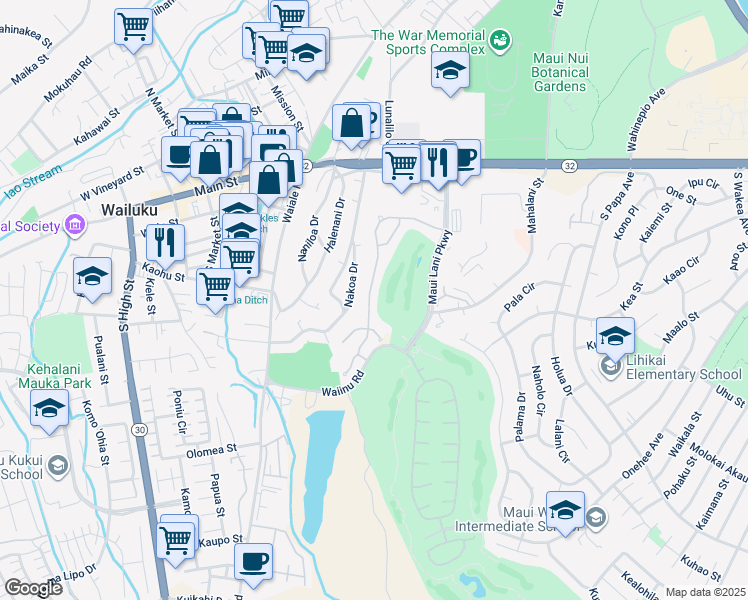 map of restaurants, bars, coffee shops, grocery stores, and more near 139 Keoneloa Street in Wailuku