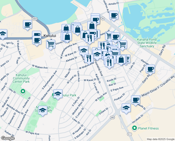 map of restaurants, bars, coffee shops, grocery stores, and more near 281 Kaulawahine Street in Kahului