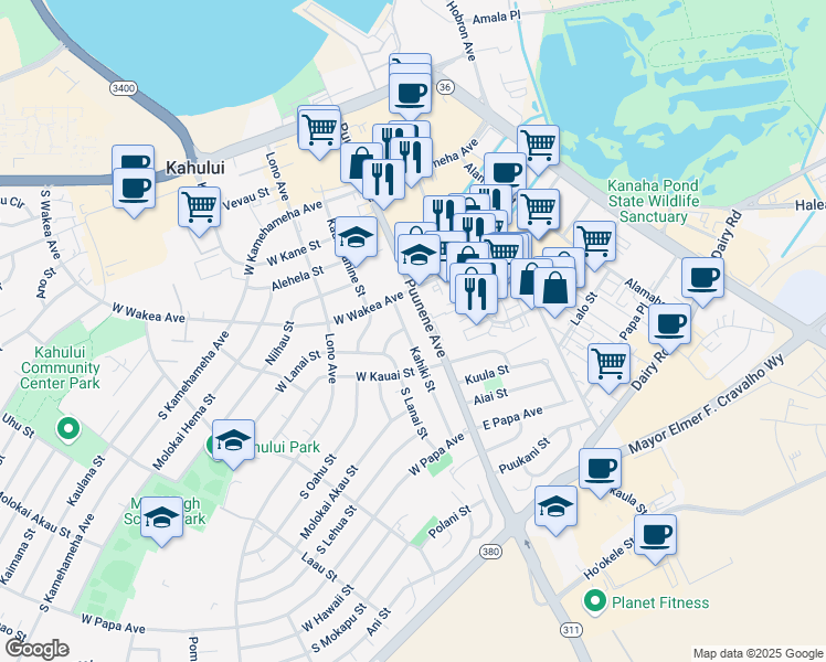map of restaurants, bars, coffee shops, grocery stores, and more near 51 Molokini Street in Kahului