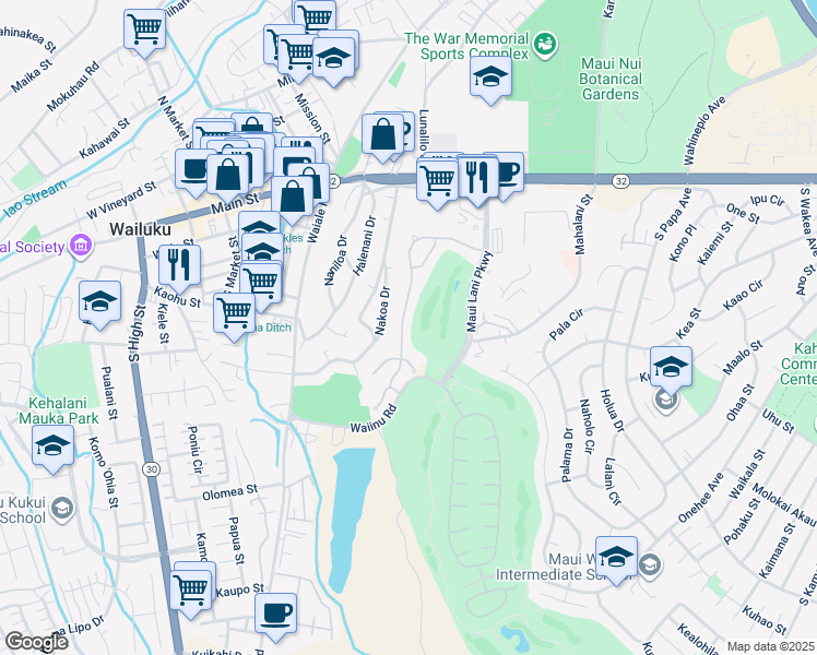 map of restaurants, bars, coffee shops, grocery stores, and more near 139 Keoneloa Street in Wailuku