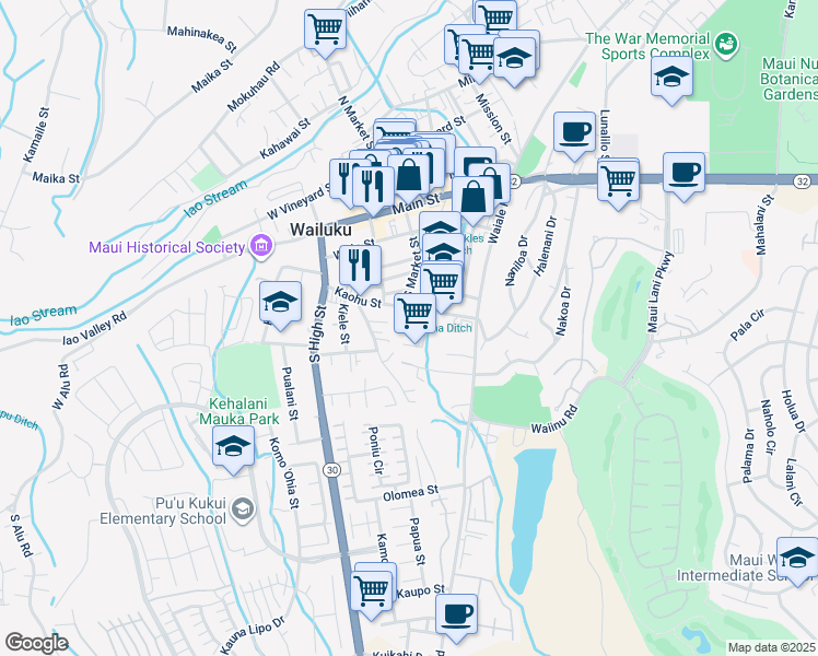 map of restaurants, bars, coffee shops, grocery stores, and more near 1971 Kalawi Place in Wailuku